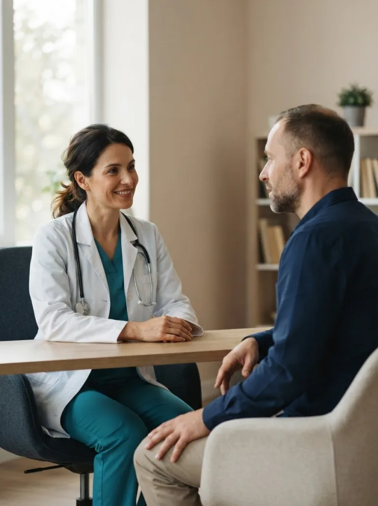 An attractive illustrative unnamed woman physician around 32 to 40 and one anonymous adult man visitor listens attentively during a calm seated consultation-style conversation
